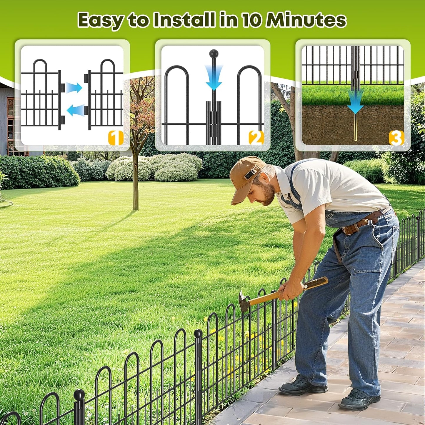 10 Panels Decorative Garden Fence with U-Shape, 11.81in (H) X 16.42ft (L) Dog Fence Outdoor for Yard Security, Garden Fencing Includes Deep Stakes