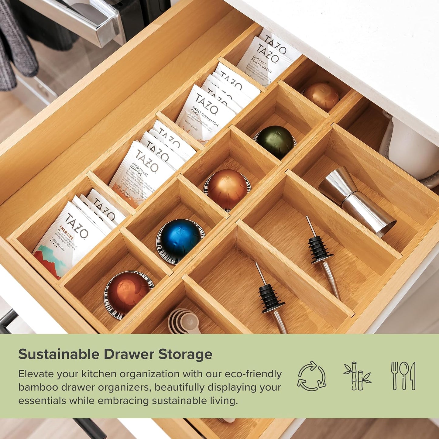 Premium Utensils and Tea Bag Drawer Organizers – 14-Compartment Design with Removable Dividers, Non-Slip Feet, 100% Sustainable Bamboo, 2 Pack