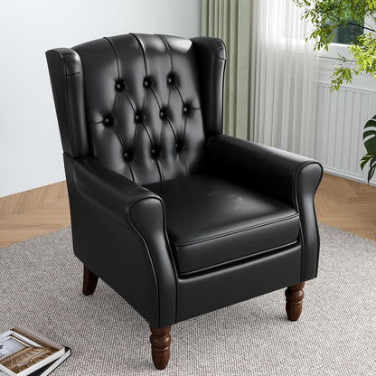 High Back Accent Chair,Upholstered Faux Leather Wingback Armchair with Solid Wood Legs for Small Spaces,Comfy Single Sofa Chair for Living Room,Bedroom,Office-Black