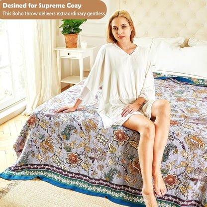 Boho Throw Blanket 91" x 98", 100% Organic Cotton Breathable Ultra Soft Bed Purple Quilt Throw - All Season Luxury Floral Farmhouse Decor Blanket for Sofa Couch Chair and Gift.