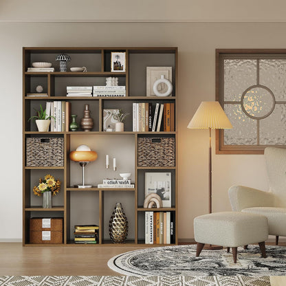 71” Tall Wooden Bookcase 6-Tier Large Bookshelves with 2 Woven Baskets, 55" Wide Floor Standing Wood Display Organizer Shelves for Living Room（Brown）