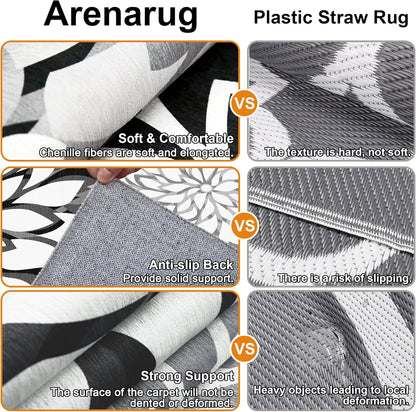 Indoor Outdoor Area Rug Washable Multicolored Rug Tropical Botanical Modern Floral Indoor Outdoor Carpet Black White Rug Non Slip Non Shedding for Patio, Deck, Backyard, Porch (9x12)