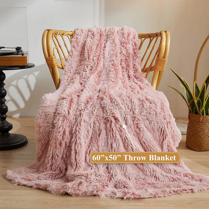 XeGe Plush Faux Fur Throw, Comfy 50x60 Fuzzy Blanket, Luxury Boho Lightweight Couch Blanket, Soft Fluffy Shaggy Lap Throw for Couch Bed Sofa Christmas Housewarming Gift Ombre Pink
