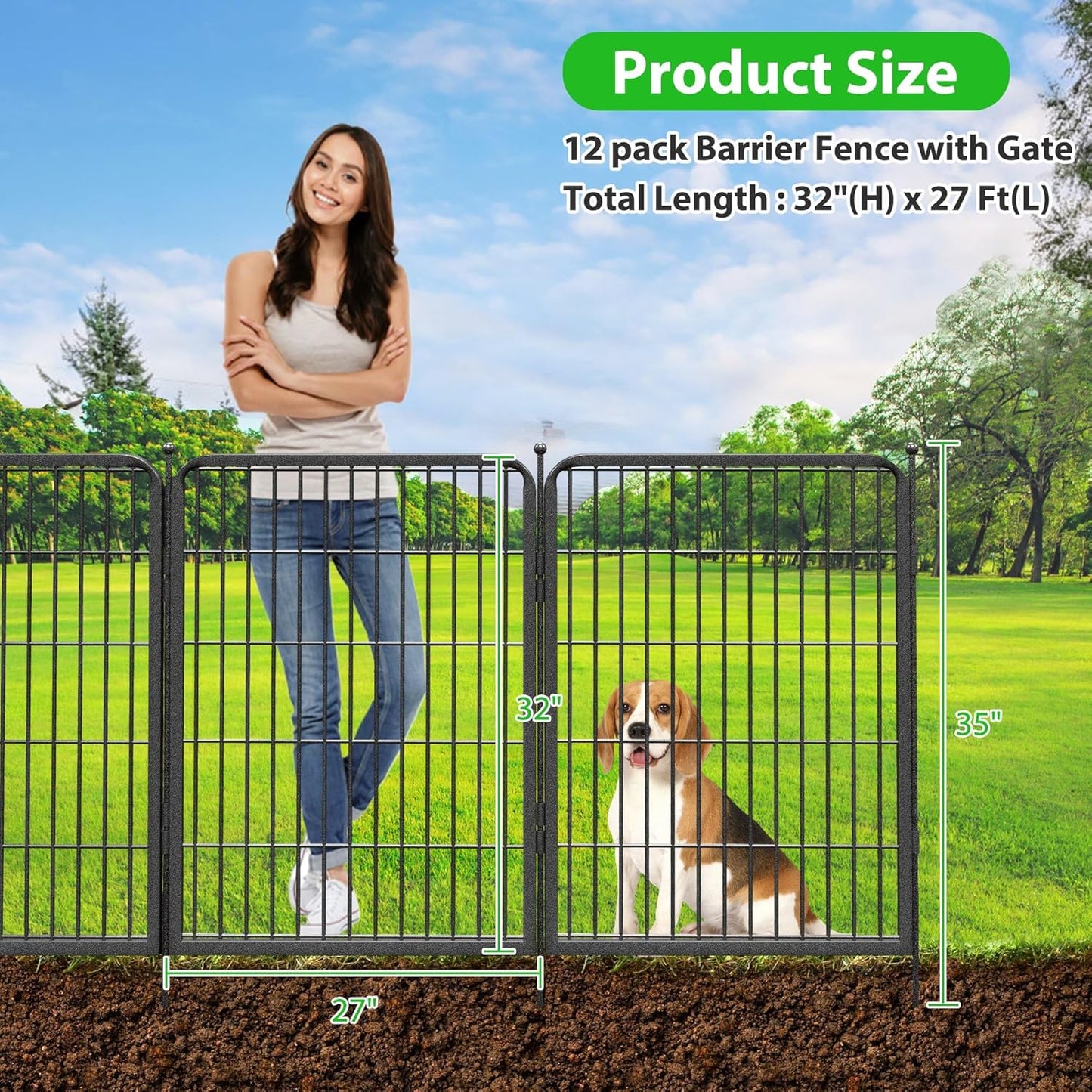 Decorative Black Metal Garden Fence, 27ft(L) 32in(H) 12 Fence Panels No Dig Fence Rustproof Animal Barrier Garden Fencing Temporary Fencing Dog Fence Outdoor