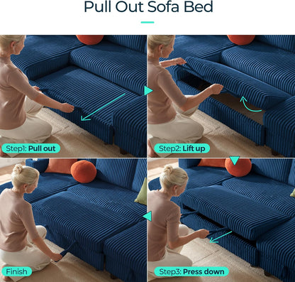 LINSY HOME Sectional Sleeper Sofa with Pull Out Couch Bed - Convertible Plush Corduroy Cloud Couch with Storage Chaise & USB Charging, Comfy U Shaped Modular Couches for Living Room, Blue