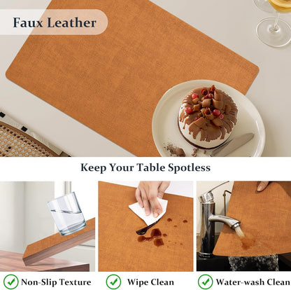 FROMHEART Faux Leather Placemats Set of 8–Waterproof,Heat/Oil Stain-Resistant PU Table Mat–Reversible,Non-Slip,Easy to Clean Place Mats for Kitchen,Dining,Indoor/Outdoor,(Orange-Grey,11.8" x 17")