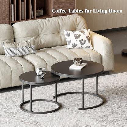 Round Nesting Coffee Table, Black Modern Decorative Coffee Center Table Set of 2, Sintered Stone Coffee Table for Living Room with Sturdy Metal Frame.
