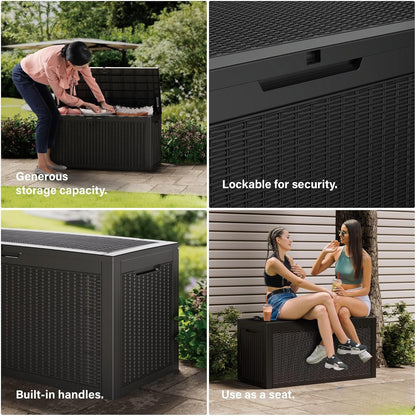 150 Gallon Outdoor Storage Box Patio Deck Box Waterproof, Resin Lockable Outside Large Storage Bin for Pool Cushion Furniture, Garden Tools UV-Resistant, Black