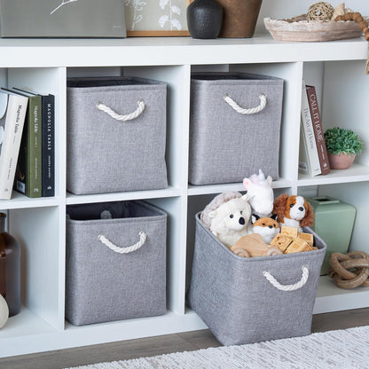 OrganiHaus 11x11 Cube Storage Bins 4 Pack, Foldable Cube Storage Organizer w/ Rope Handles, Collapsible Fabric Bins for Toys, Clothes & Closet Organization, Fabric Square Baskets - Gray