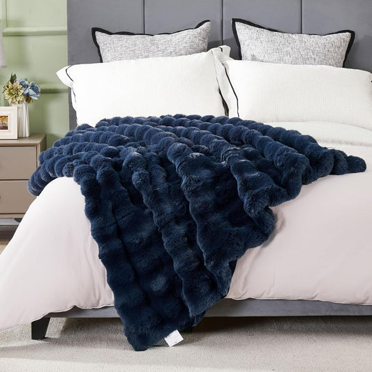 DREAMNINE Super Soft Thick Bubble Faux Rabbit Fur Throw Blanket for Couch 50" x 60", Reversible Plush Warm Winter Fluffy Blankets, Decorative Cute Cozy Bubble Furry Blanket for Bedroom Sofa, Navy Blue