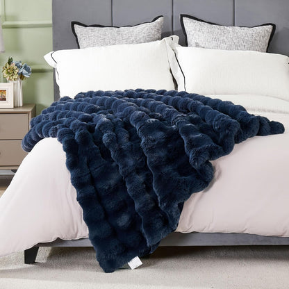 DREAMNINE Oversized Soft Thick Fuzzy Bubble Faux Rabbit Fur Throw Blanket Twin Size 60" x 71", Double Sided Comfy Plush Warm Shaggy Fluffy Blankets, Luxury Cozy Cute Furry Blanket for Bed, Navy Blue