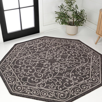 JONATHAN Y Vintage Filigree Indoor Outdoor Octagon Area Rug 8 Ft Black/Gray, Charleston Textured Weave for Backyard, Patio, Porch, Easy-Cleaning, High Traffic, Pet-Friendly Non-Shedding SMB106G-8TGN