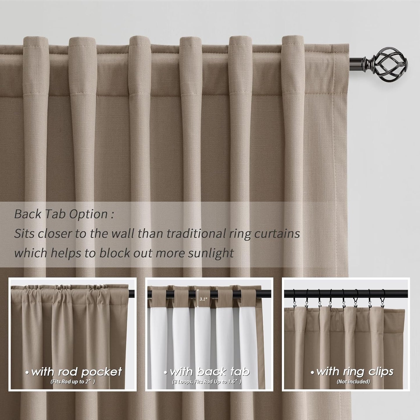 Light Brown Linen 100% Blackout Curtains for Bedroom 102 Inch Long 2 Panels Window Curtain Floor to Ceiling Length for Living Room Sliding Glass Door Back Tab Linen Room Darkening Drapes 52x102