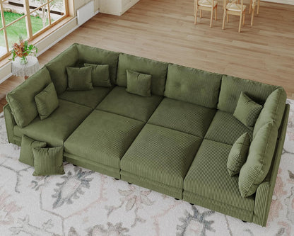 LLappuil Modular Sectional Sofa with Storage Seats, Corduroy Convertible Modular U Shaped Sectional Couch for Living Room, 8 Seat Oversized Sofa with 8 Back Cushion 8 Throw Pillow, Green