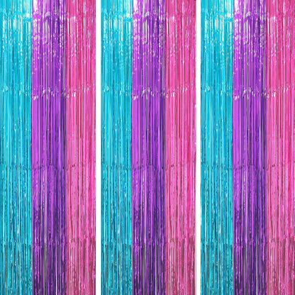 3 Pack 3.3 x 8.2 ft Blue Purple Pink Foil Fringe Backdrop Curtains, Tinsel Streamers Party Decorations, Fringe Backdrop, Door Shimmer for Mermaid or Birthday Party