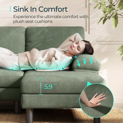 LINSY HOME Sectional Couch, 111'' W Corduroy U Shaped Sofa with Sleepable Armrests, 4 Seat Couch with Double Chaises, Deep Seat Sofa for Living Room, Army Green