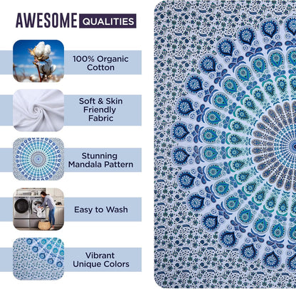 raajsee White Blue Tapestry- Best Mandala Wall Hanging- Bedding Tapestry For Bedroom Aesthetic-Size QUEEN 210 X 220 CMS