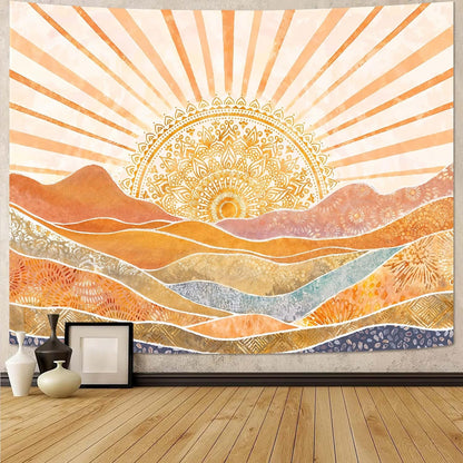 Lunerfex Bohemian Mandala Sunrise Wall Tapestry, Abstract Mountain Scenery Tapestries for Home Decor, Boho Tapestry 90x70 Inch