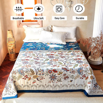 Boho Throw Blanket, 100% Organic Cotton Breathable Ultra Soft Bed Quilt Throw - All Season Floral Bird Butterfly Farmhouse Decor Blanket for Sofa Couch Chair and Gift. 60" x 80"