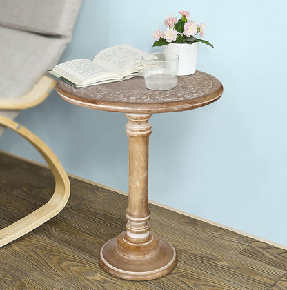 Lightnpro Carved Round End Table with Single Pillar - Handcrafted Accent Bedside Nightstand Side End Table for Living Room, Entryway, Vintage Desk for Books, Plants & Décor - 18x22 Inch - White Wash