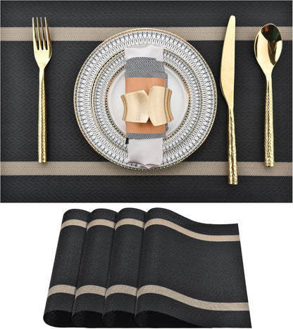 Black Placemats Set of 4 - Easy Clean Modern Durable Washable Vinyl Place Mats - Heat Resistant Placemats for Kitchen Table - PVC Table Mats for Dining Table (Black with Stripes, 4)