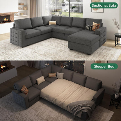 HONBAY Sectional Sleeper Sofa with Pull Out Bed U-Shape Sectional Couch Sleeper Bed with Storage Chaise 6 Seater, Light Grey