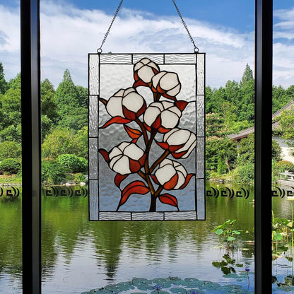 YOURANJU Stained Glass Window Hanging 16" H x 11" W Tiffany Style Rectangular Window Panel Suitable for Living Room Bedroom Kitchen Window Decoration Hangings with Chain (Plum bossom)