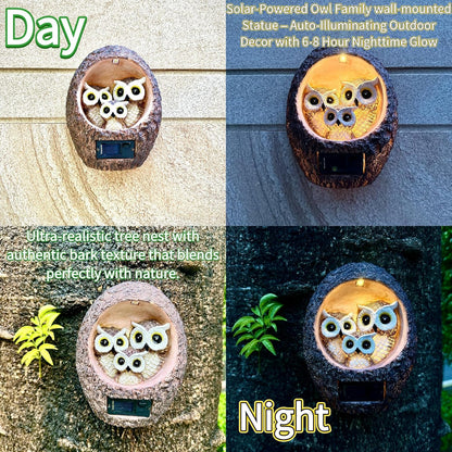Garden Owl Family Tree Hugger Statue Solar Powered Outdoor Wall Mounted Figurine Light Resin Sculpture Home Decoration Housewarming Ornament Unique Gift