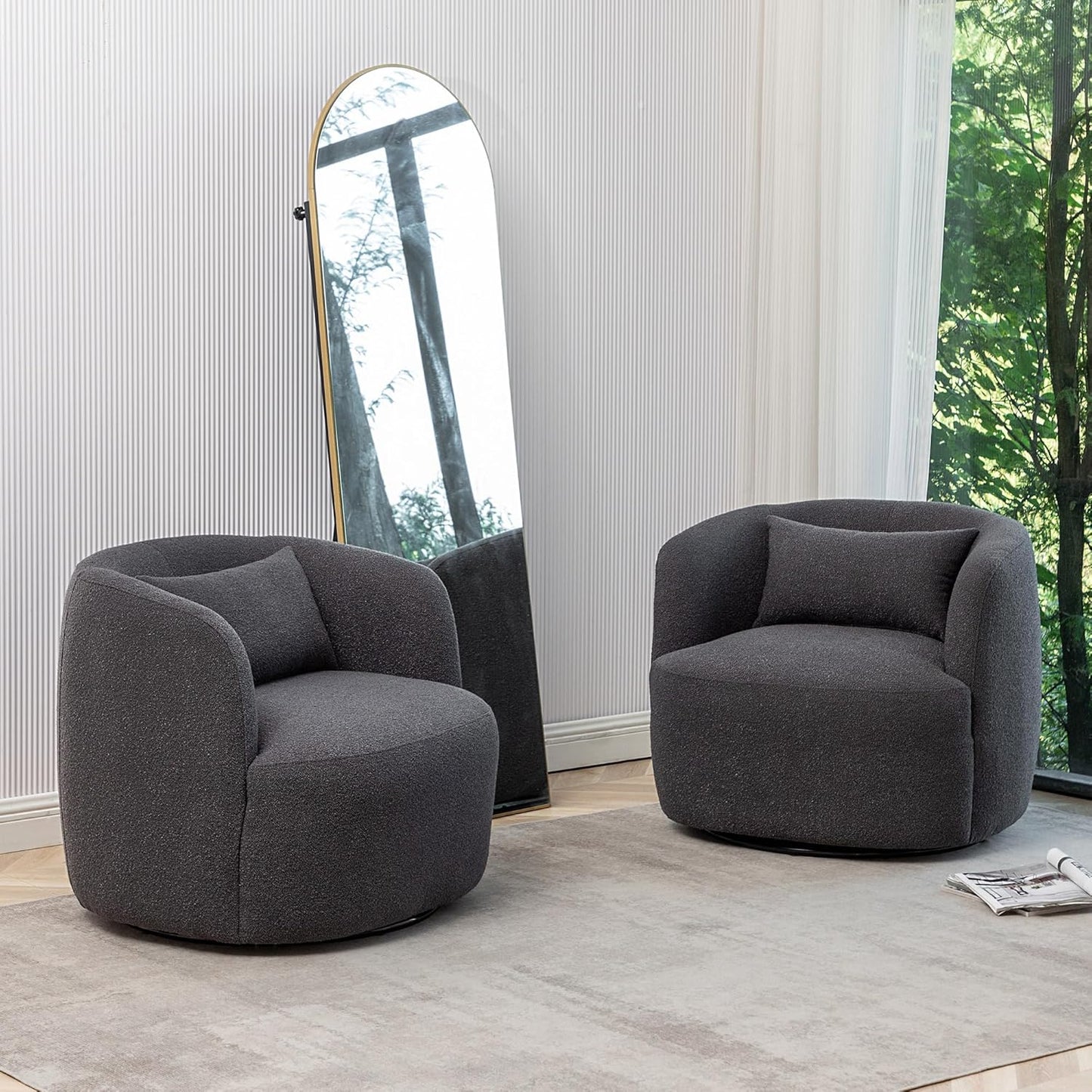 KINWELL 34" Wide Boucle Swivel Barrel Chairs Set of 2, No Assembly Round Upholstered Armchairs Accent Chairs Single Sofa Chair with Toss Pillow for Living Room and Bedroom, Dark Grey