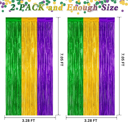2 Pack Mardi Gras Tinsel Backdrop, 3.28 FT x 7.05 FT Metallic Fringe Curtain, Purple Gold Green Color Foil Backdrop Party Streamer, Mardi Gras Photo Booth Props Lobster Party Decorations