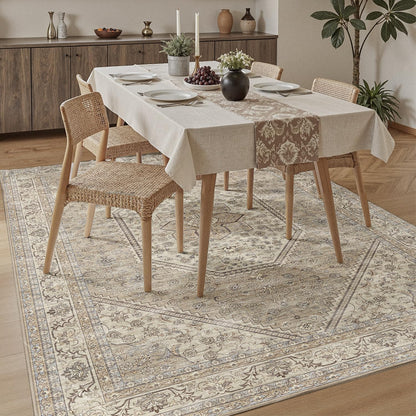 DCX Machine Washable Brown and Beige Area Rug 8x10, Non Slip Stain Resistant Vintage Floral Rug for Living Room Bedroom Nursery, Soft Low Pile Large Carpet