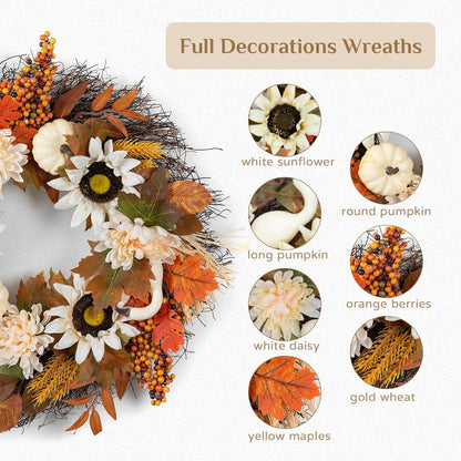 Fall Wreaths for Front Door Decor - Walasis 20 Inch Thanksgiving Wreath with Maple Leaves White Pumpkin Daisy Sunflower Wreath Autumn Harvest Decorations for Table Front Porch