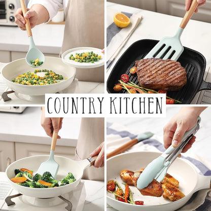 Country Kitchen Non Stick Silicone Utensil Set with Rounded Wood Handles for Cooking and Baking, 38 Piece Set, Mint
