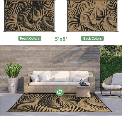 GENIMO Outdoor Rug 5' x 8' Waterproof for Patio Clearance, Reversible Plastic Straw Camping Carpet, Lightweight Mats for Rv, Backyard, Deck, Porch, Picnic, Beach, Balcony, Black & Brown