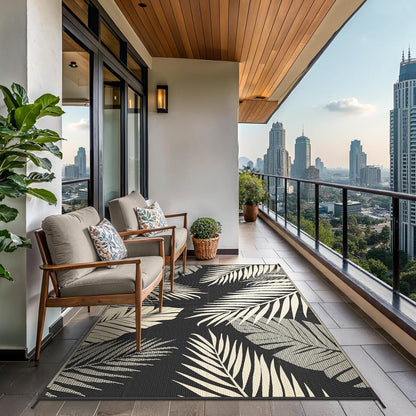 GENIMO Outdoor Rug 5' x 8' Waterproof for Patios Clearance, Reversible Outdoor Plastic Straw Camping Rug Carpet, Large Area Rugs Mats for RV, Picnic, Backyard, Deck, Balcony, Porch, Beach, Black&Beige