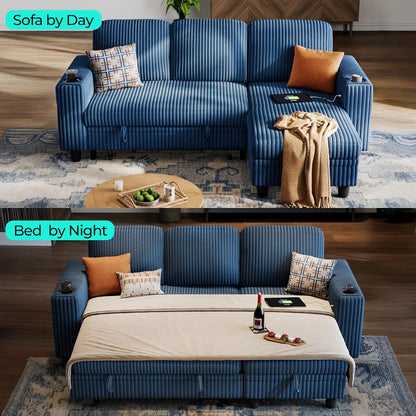 LINSY HOME Sectional Sleeper Sofa with Pull Out Couch Bed - Convertible Plush Corduroy Cloud Couch with Storage Chaise & USB Charging, Comfy L Shaped Modular Couches for Living Room Apartment, Blue