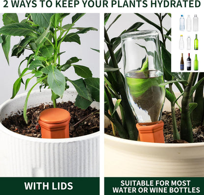 Large Terracotta Watering Spikes with Lids, Automatic Plant Waterer Outdoor | Indoor, Vacation Friendly Clay Plant Watering Devices System, Slow Release Self Watering Planter Insert, 6 Pack