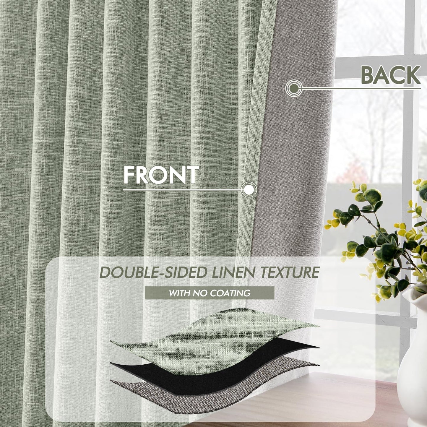 MIULEE Sage Green 100% Blackout Linen Curtains 108 Inch 2 Panels Set Double Sided No Coating Pleated Back Tab Black Out Extra Long Thermal Insulated Pinch Pleat Bedroom Living Room Darkening Drapes