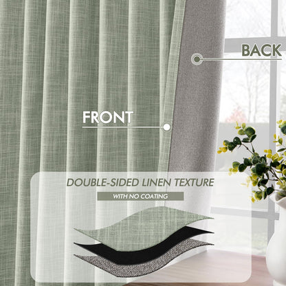 MIULEE Sage Green 100% Blackout Linen Curtains 108 Inch 2 Panels Set Double Sided No Coating Pleated Back Tab Black Out Extra Long Thermal Insulated Pinch Pleat Bedroom Living Room Darkening Drapes