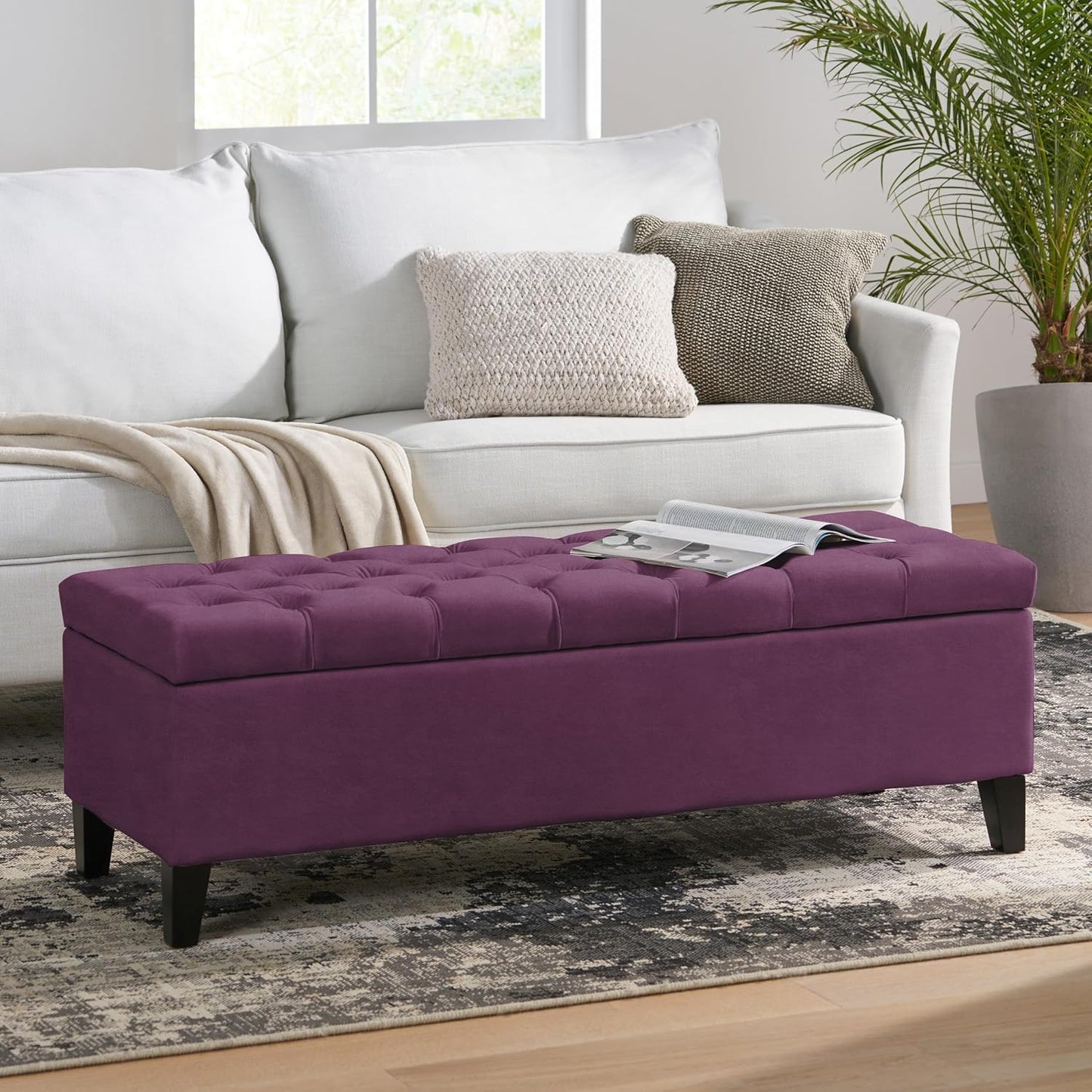 Christopher Knight Home Gloust Velvet Storage Ottoman, Upholstered Rectangular Storage Bench, Living Room Seating, Tufted BottonFoot Rest Stool for Home Office, Entryway and Bedroom, Purple