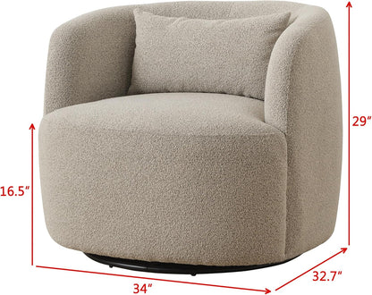 KINWELL 34" Wide Sherpa Swivel Barrel Chair, No Assembly Round Boucle Upholstered Accent Chair Armchair Single Sofa Chair with Toss Pillow for Living Room and Bedroom, Taupe