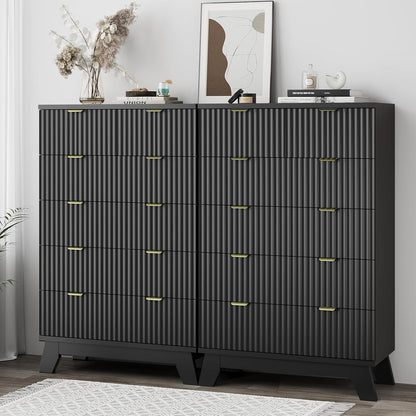 Fluted Dresser for Bedroom with 6 Drawers, 46" Tall Modern Chest of Drawers with Metal Handle, Wooden Dresser TV Stand, Wood Closet Clothes Storage Organizer for Living Room, Hallway, Black