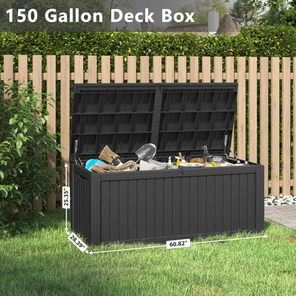 150 Gallon Resin Deck Box, Large Indoor and Outdoor Storage Box, Weatherproof and UV Resistant Outdoor Storage Box with Built-in Steel Beams for Patio, Cushions, Pool Supplies