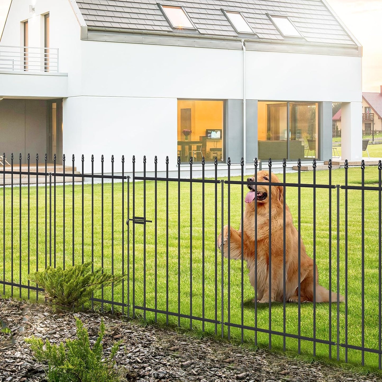 Metal Garden Fence with Gate 42 in H x 11.5 ft L, 1 Gate + 4 Panels Border Fence Panels Animal Barrier for Dogs, No Dig Garden Fencing for Yard Patio Flower Bed Lawn Outdoor, Black