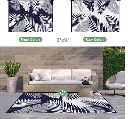 GENIMO Outdoor Rug 6' x 9' Waterproof for Patios Clearance, Reversible Outdoor Plastic Straw Camping Rug Carpet, Large Area Rugs Mats for RV, Camper, Deck, Balcony, Porch, Beach, Navy Blue&White