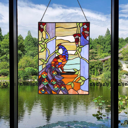 YOURANJU Stained Glass Window Hanging 16" H x 11" W Tiffany Style Rectangular Window Panel Suitable for Living Room Bedroom Kitchen Window Decoration Hangings with Chain (Peacock)