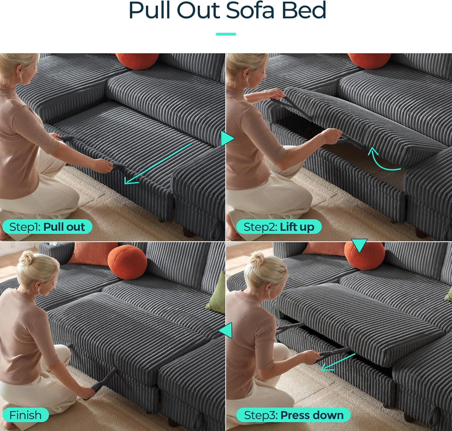 LINSY HOME Sectional Sleeper Sofa with Pull Out Couch Bed - Convertible Plush Corduroy Cloud Couch with Storage Chaise & USB Charging, Comfy U Shaped Modular Couches for Living Room, Grey