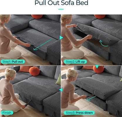 LINSY HOME Sectional Sleeper Sofa with Pull Out Couch Bed Convertible Plush Corduroy Cloud Couch with Storage Chaise & USB Charging, Comfy L Shaped Modular Couches for Living Room Apartment (Grey)