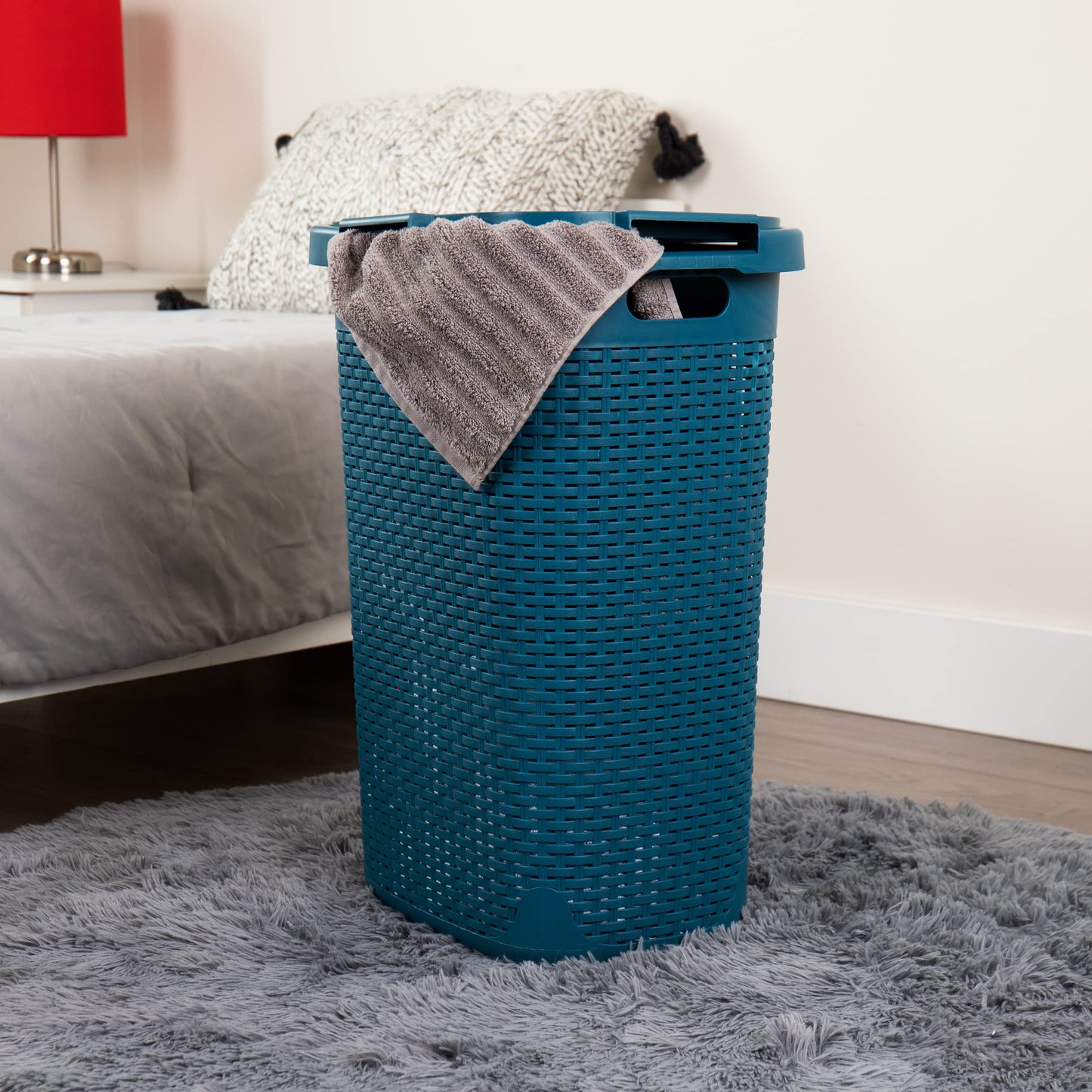 Mind Reader Slim Laundry Hamper with Lid, 60L Tall Clothes Basket, Narrow Tapered Design for