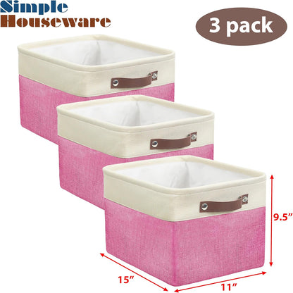 SIMPLE HOUSEWARE Large Fabric Storage Bin, 15" x 11" with Leather Like Handles, 3 Pack, Pink